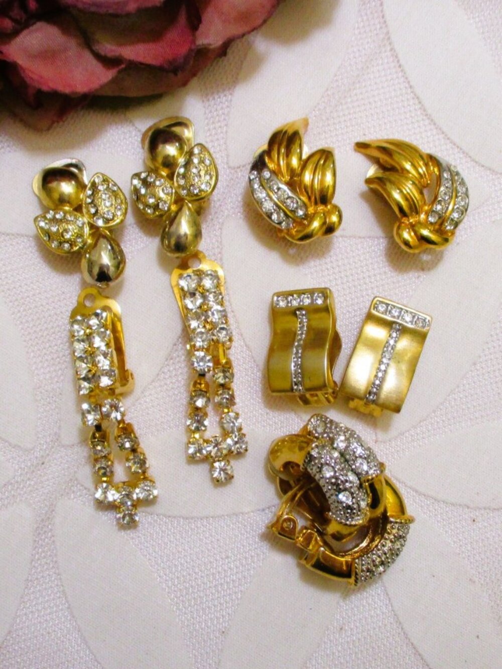 VINTAGE Rhinestone Clip-On Earrings Lot: Gold Plated Crystal Jewelry Collection